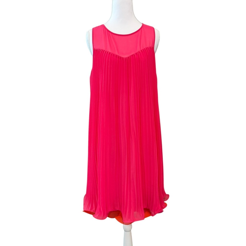 Anthropologie Maeve Layered Pleat Swing Dress 6 Hot Pink Chiffon Maximalist Bold
